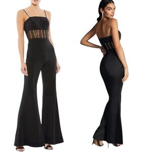 Ieena for Mac Duggal Crystal-Embellished Mesh-Inset Wide-Leg Jumpsuit Size 8